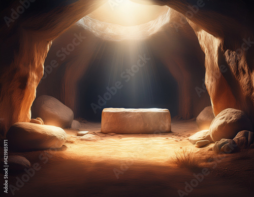 An empty tomb with the stone rolled away is bathed in a gentle light, alluding to the resurrection and the subsequent ascension. photo