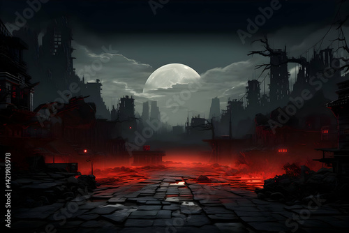 Post Apocalyptic Cityscape at Night with Red Glow