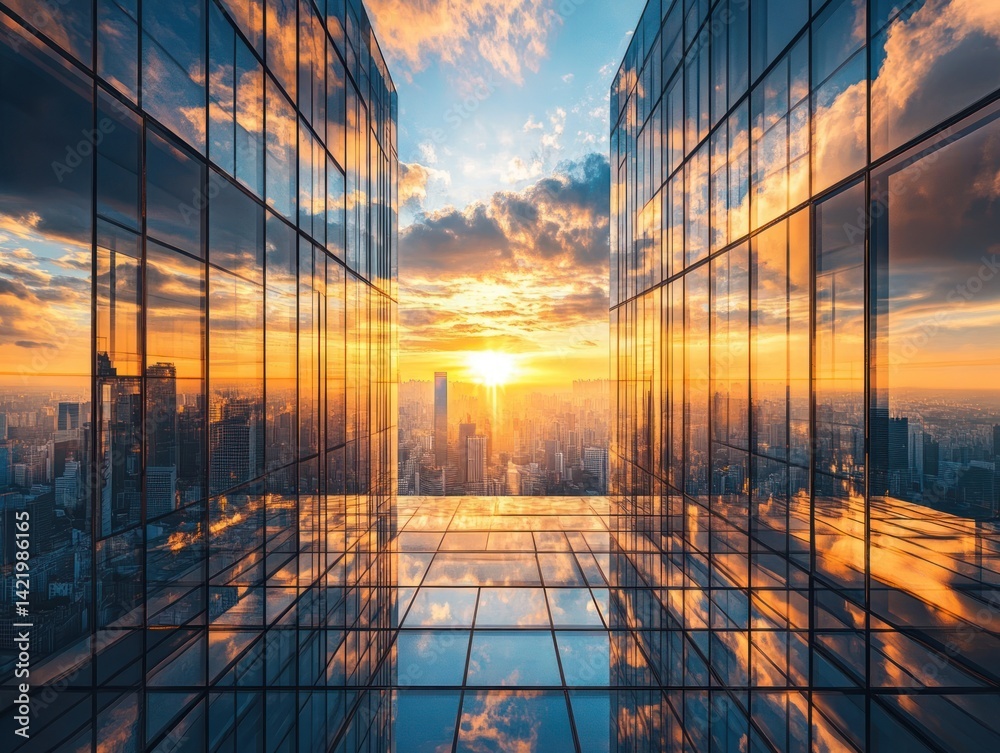 Golden Hour Metropolis: A Panoramic View from a Skyscraper's Rooftop
