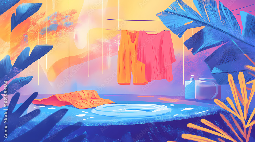 Clean with water to remove stubborn stains on fabric fibers. image of washing and cleaning fabric. Starborn Textile. Illustration
