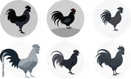 Rooster Silhouettes Set on Circular Backgrounds