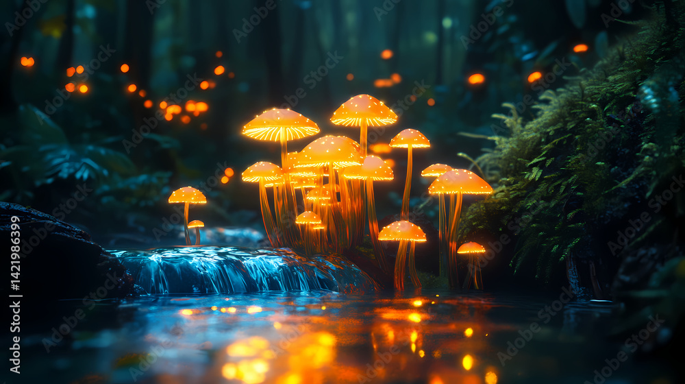 Glowing mushrooms illuminate a rainforest stream at night; magical fantasy background. Illusion Stream. Illustration