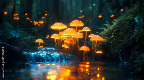 Obraz na płótnie Glowing mushrooms illuminate a rainforest stream at night; magical fantasy background. Illusion Stream. Illustration w salonie