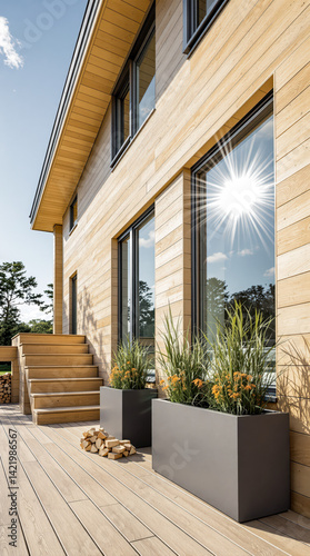 modern house exterior with light brown wood siding and sunlit windows