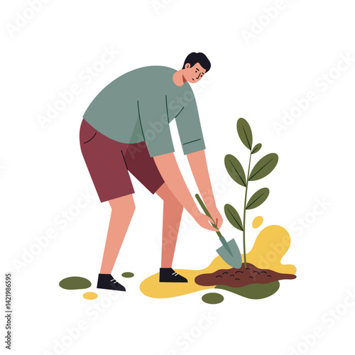 Man Planting Young Tree Gardening Activity Outdoors Nature Care Vector Illustration 