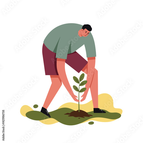 Man planting young tree in soil gardening activity outdoors environment care vector illustration 