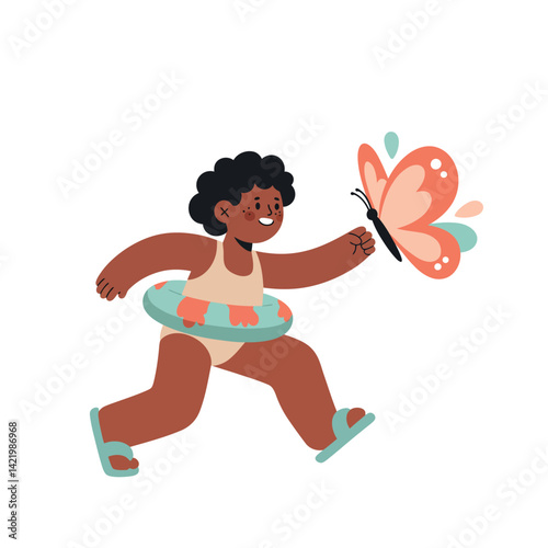 Child playing with butterfly in summer swimwear and sandals cheerful outdoor activity vector illustration 