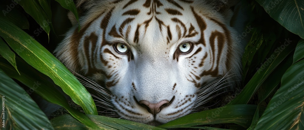 Majestic White Tiger Hidden in Lush Greenery