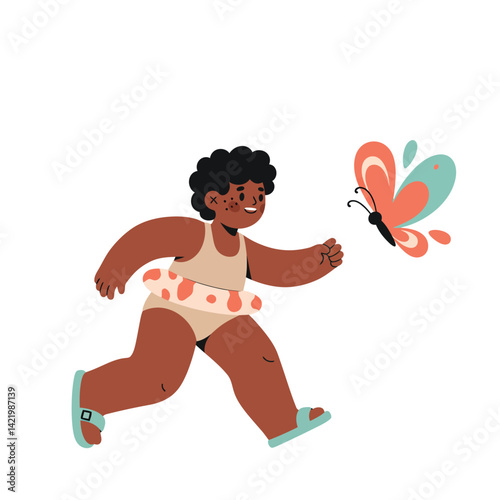 Child running happily chasing colorful butterfly playful summer activity vector illustration 
