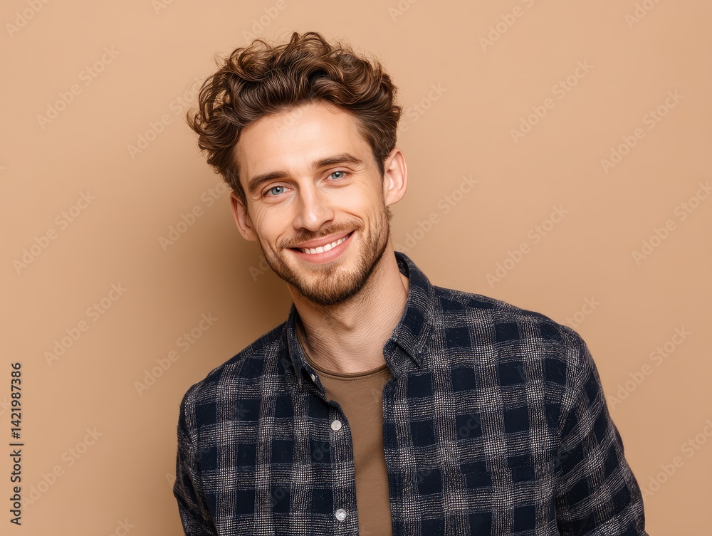 Obraz premium Young adult man in casual wear with warm, crinkled smiling eyes, beige background