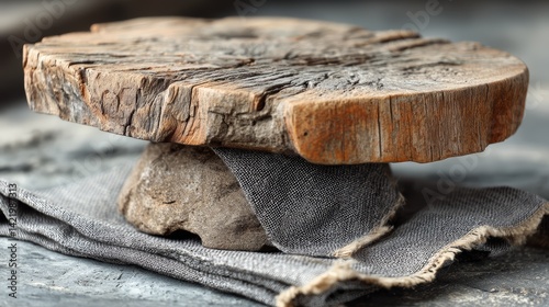 Wallpaper Mural Rustic Round Wooden Podium with Natural Linen Fabric and Stone Base on Wooden Surface Torontodigital.ca