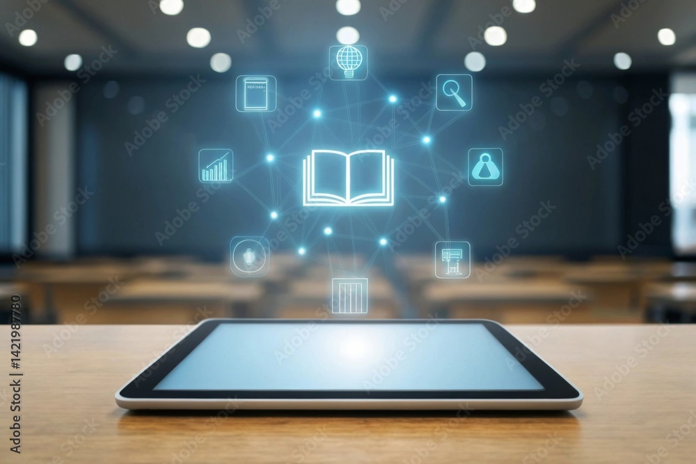 Digital tablet with glowing icons of books Tablet on a desk with digital education icons floating above it in a modern classroom setting. Digital tablet with glowing icons of books Tablet on a desk with digital education icons floating above it in a modern classroom setting.