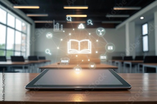 Digital tablet with glowing icons of books A tablet displays digital education icons in a modern classroom setting.