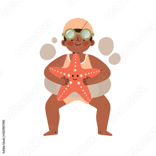 Child holding smiling starfish in summer swimwear and goggles cheerful vector illustration 