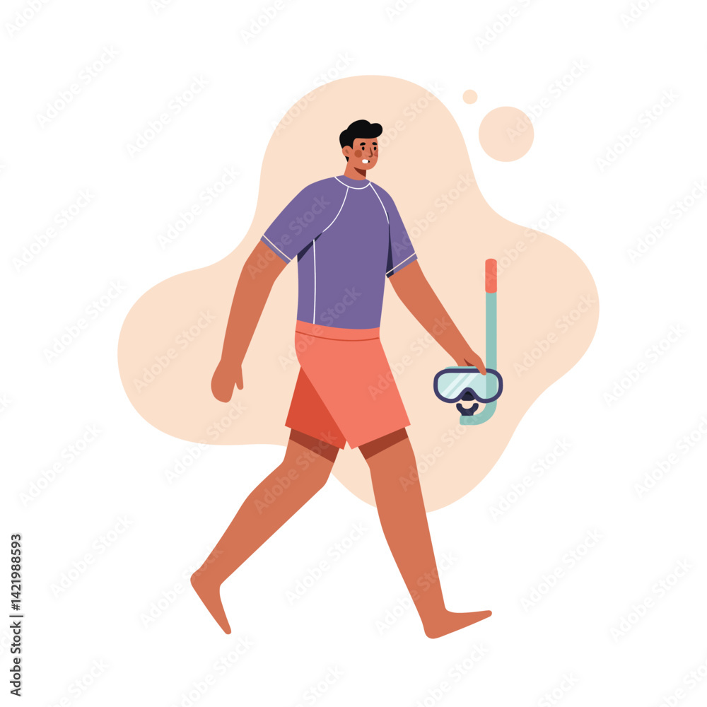 Fototapeta premium Man walking with snorkeling mask and tube in casual summer outfit vector illustration 