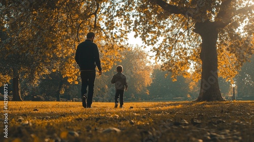 A man and a young boy walk together beneath lush green trees in a park.