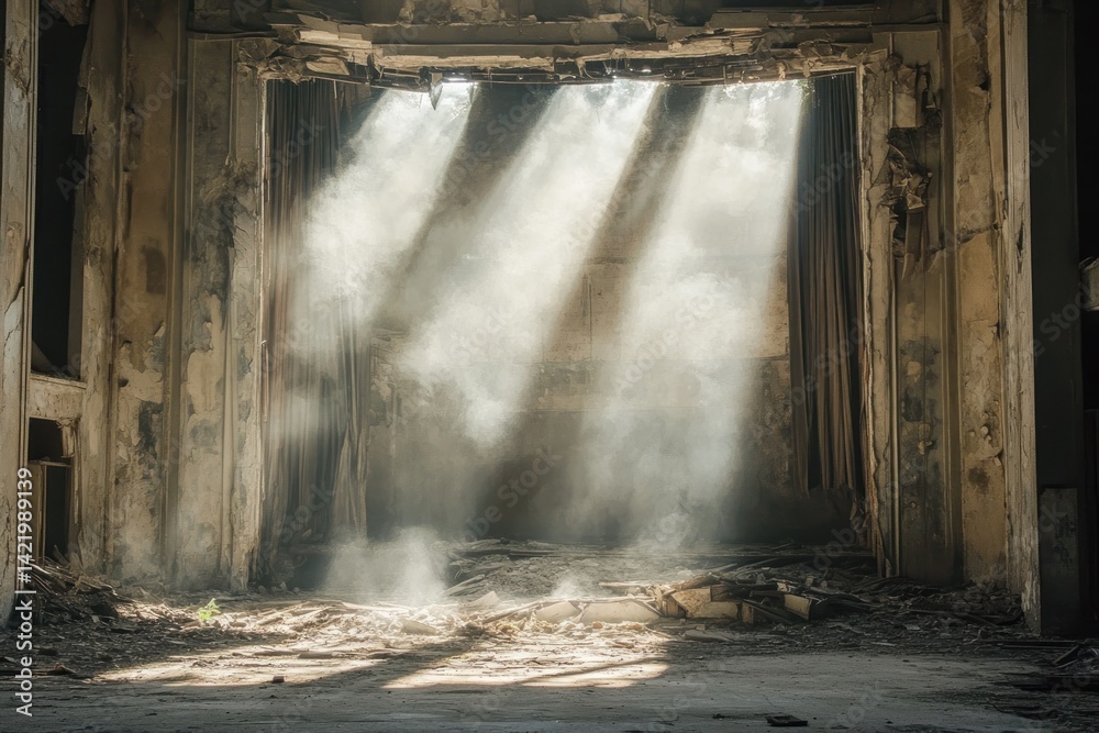 Sunbeams Illuminate a Crumbling Theatre: A Haunting Glimpse into Decay and Time's Passage
