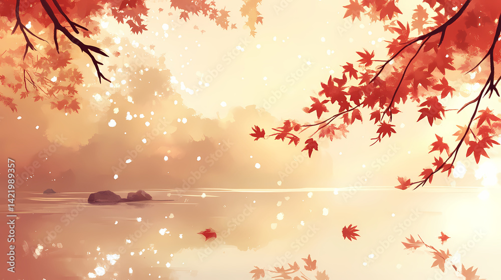 Softly glowing maples drift on tranquil waters, autumn, hazy. Hazy Waters. Illustration