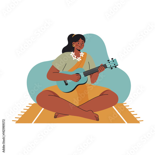 Woman playing ukulele sitting cross-legged on rug with floral necklace and casual outfit vector illustration 