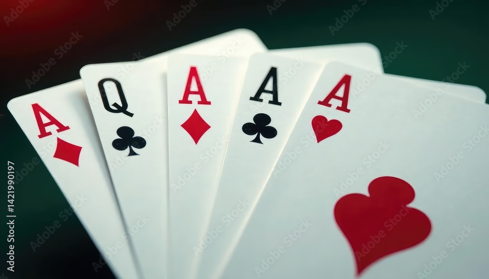 Four aces fanned out, showcasing their details , texture, spread, gambling Four aces fanned out, showcasing their details , texture, spread, gambling