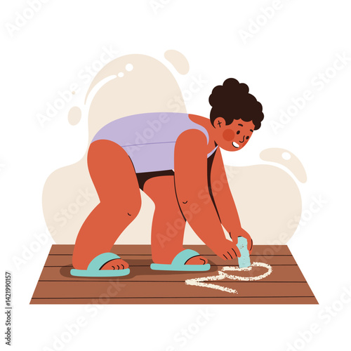 Child playing with rope on wooden deck in casual summer clothing vector illustration 