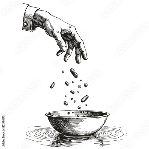 Person releasing crumbs into water, vintage black and white sketch, ideal for educational blogs, presentations, or awareness campaigns