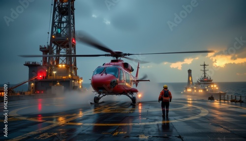Helicopter Landing on Offshore Oil Platform During Stormy Evening with Support Vessel in Background