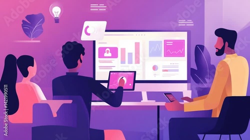 Creative Team Analyzing Data and Brainstorming Ideas in a Modern Workspace Environment