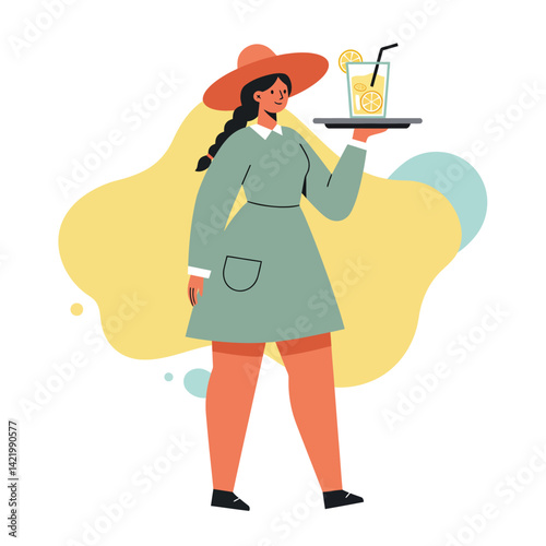 Woman carrying tray with lemonade wearing green dress and orange hat vector illustration 