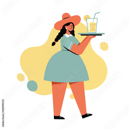 Woman waitress carrying tray with glass of lemonade wearing hat and dress vector illustration 