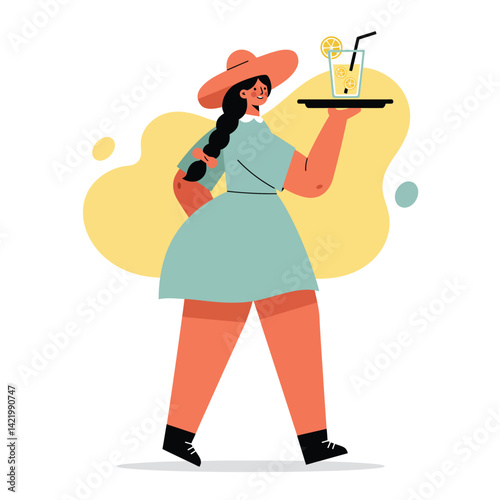 Woman carrying tray with lemonade glass wearing summer dress and hat vector illustration 
