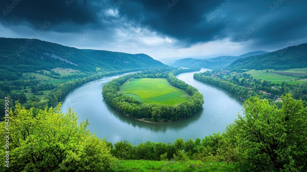 Fototapeta premium Majestic River Bend, Serene Landscape, Tranquil Nature Scene