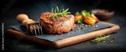 Grilled steak with rosemary on wooden board
