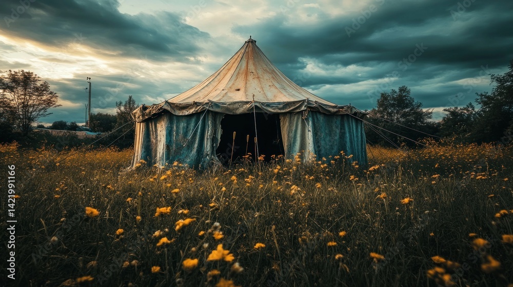 Abandoned Circus Tent in a Field of Wildflowers under a Dramatic Sky