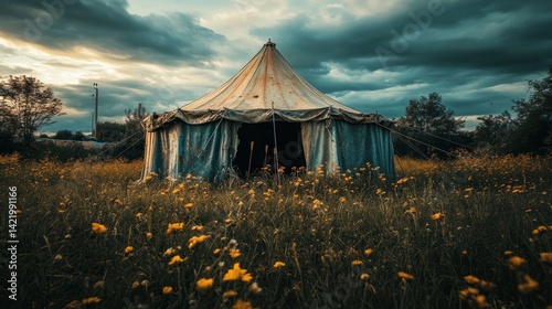 Obraz na płótnie Abandoned Circus Tent in a Field of Wildflowers under a Dramatic Sky w salonie