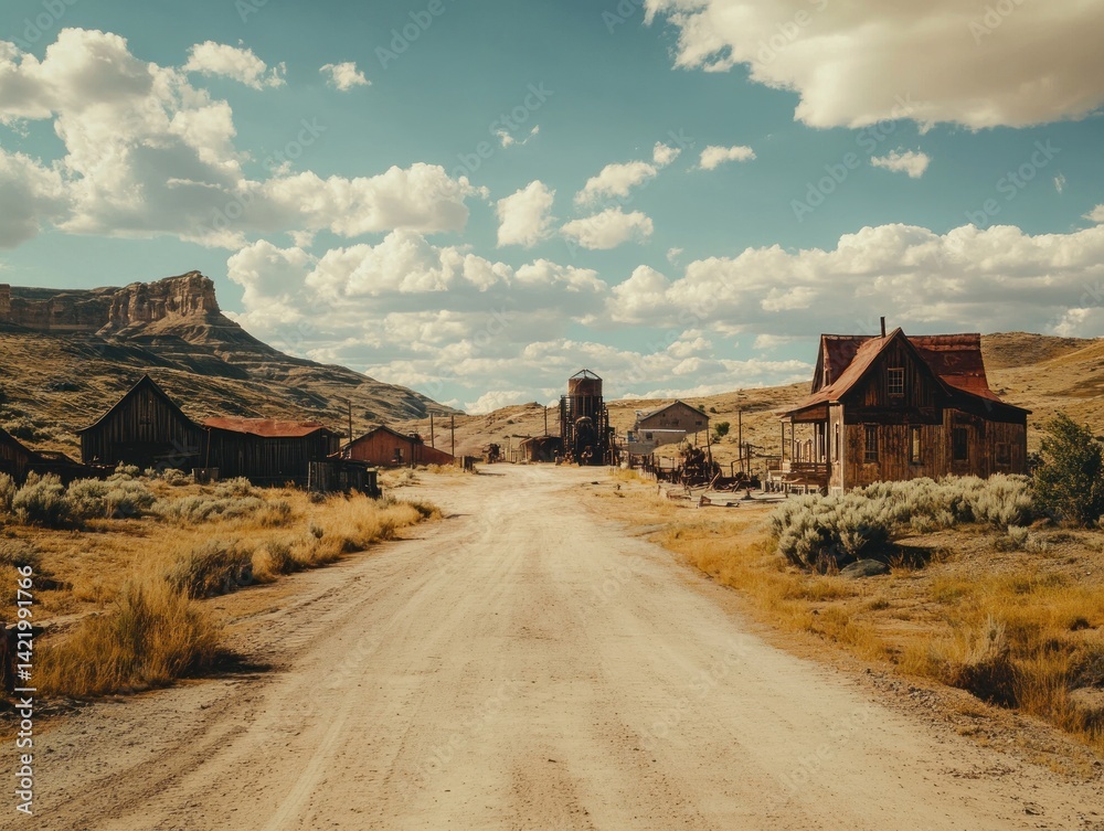 Ghost Town Serenity: A Deserted Western Village Under a Vast Sky