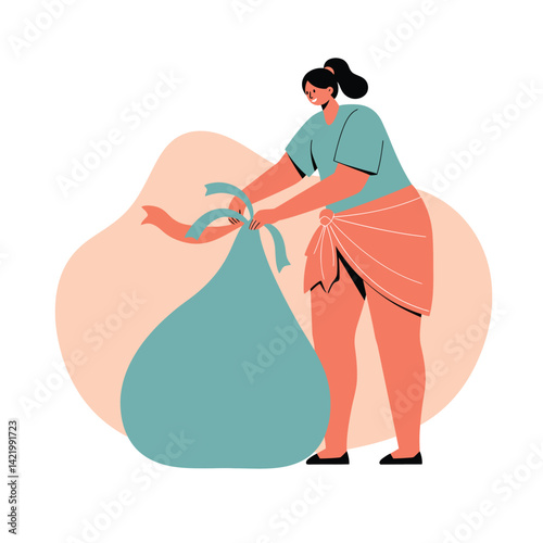 Woman tying large green garbage bag with coral skirt and teal blouse illustration for waste disposal and recycling concept 