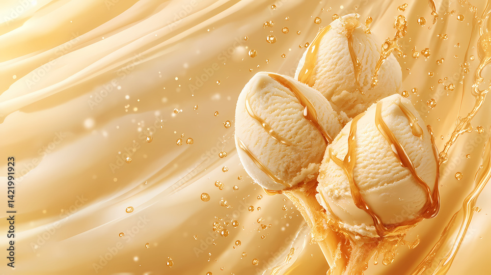 Flying caramelized banana ice cream with maple syrup drizzles on a warm golden and brown background. Chroma-Laced Strands. Illustration