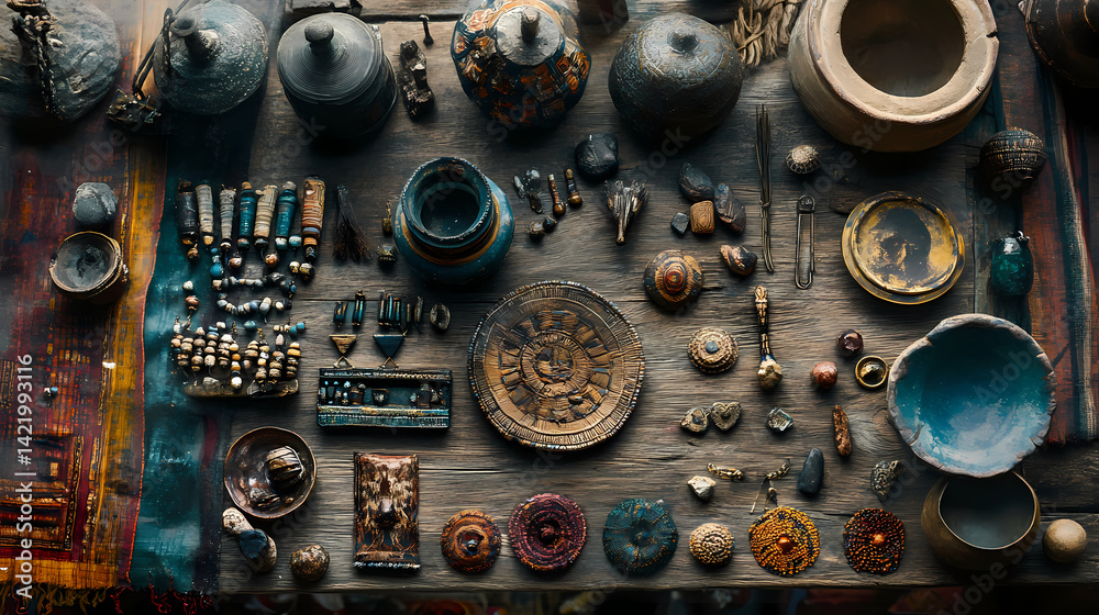 Overhead shot of ancient artifacts, beads, pottery, and textiles arranged on a wooden surface. Arcane Textile. Illustration