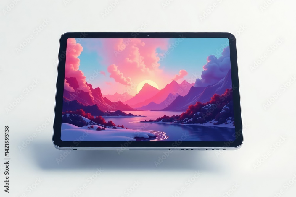 Single floating digital tablet on white background, background, blank screen, isolated