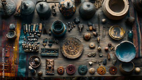 Obraz na płótnie Overhead shot of ancient artifacts, beads, pottery, and textiles arranged on a wooden surface. Arcane Textile. Illustration w salonie