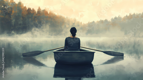 Solitary woman in a rowboat on a foggy lake, viewed from behind. Wistful Wake. Illustration