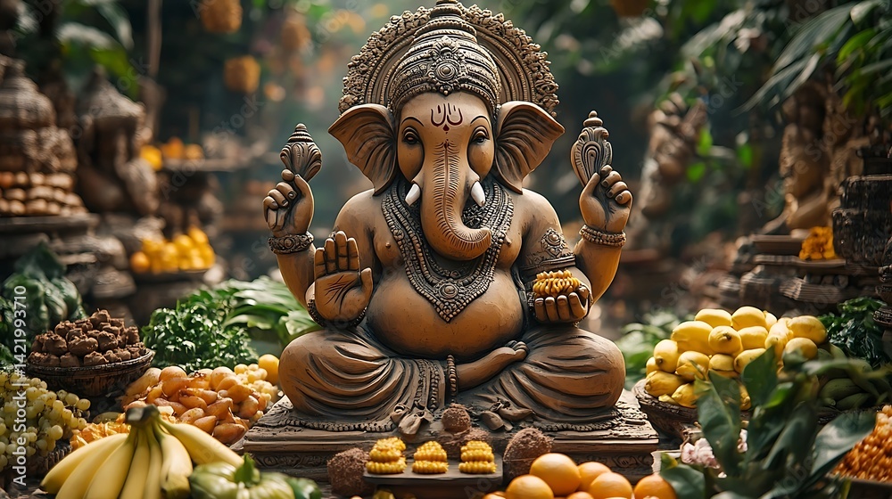 Fototapeta premium Hindu deity Ganesha statue amidst offerings.