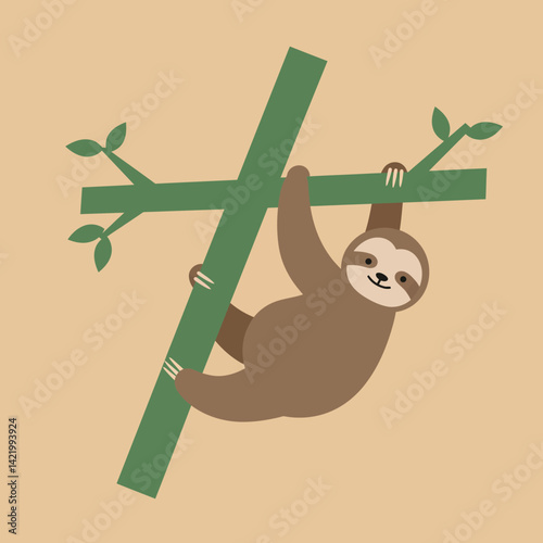 Sloth hanging on green tree branch cute animal illustration with beige background vector 
