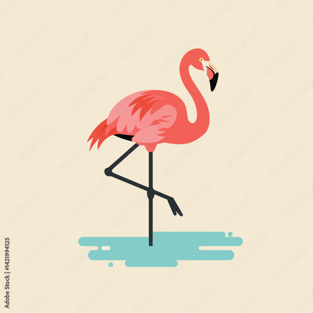 Fototapeta premium Flamingo standing on one leg in water flat design vector illustration with pink and blue colors