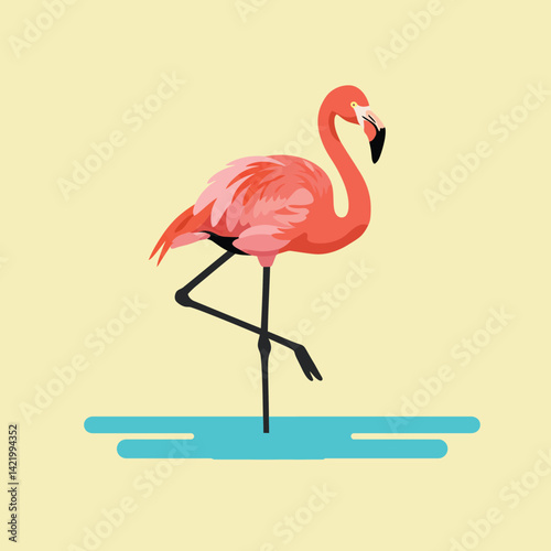 Flamingo standing on one leg in shallow water with beige background natural wildlife vector illustration 