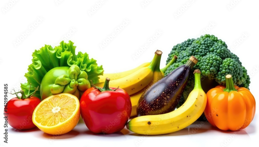 Variety of organic fruits and vegetables isolated, background, colorful, recipe Variety of organic fruits and vegetables isolated, background, colorful, recipe
