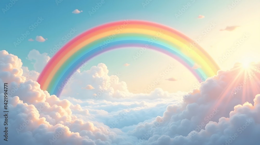 Vibrant rainbow arches over fluffy clouds in a serene sky. Ideal for themes of hope, dreams, and fantasy. Vibrant rainbow arches over fluffy clouds in a serene sky. Ideal for themes of hope, dreams, and fantasy.