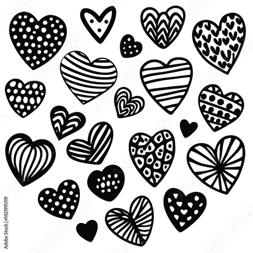 Red and Black Heart Patterns Clipart,
Cute Love Heart Design with Dots and Stripes,
Hand-Drawn Red Hearts with Decorative Patterns.