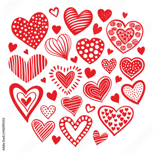 Red and Black Heart Patterns Clipart,
Cute Love Heart Design with Dots and Stripes,
Hand-Drawn Red Hearts with Decorative Patterns.